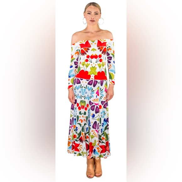 Eva Varro 3/4 Sleeve Off Shoulder Dropped Waist A-line Twirling Midi Dress Red - Picture 2 of 9